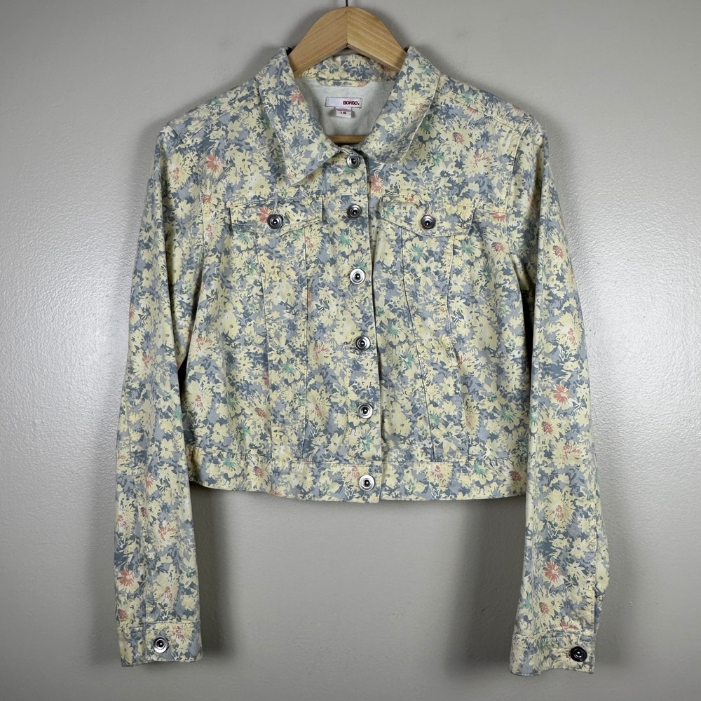 Bongo Women's Large Jacket Yellow Floral Cropped Denim Button Front Cotton